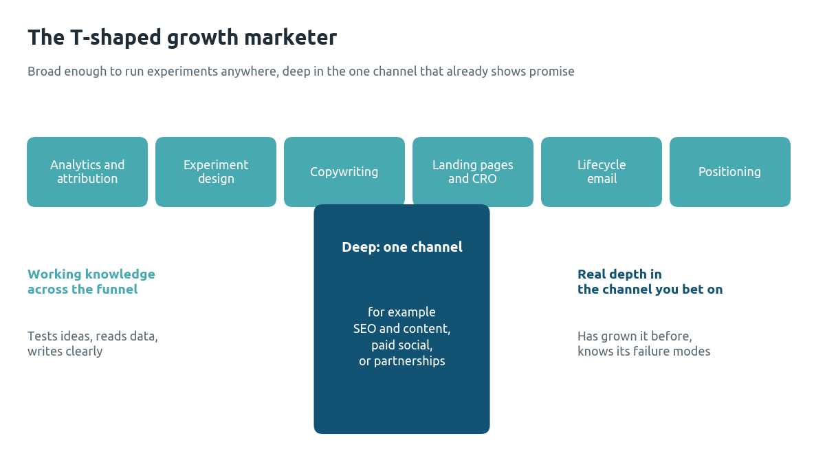 T-shaped skills diagram for a startup growth marketer: working knowledge across analytics, experiments, copywriting, landing pages, lifecycle email and positioning, with deep expertise in one channel such as SEO, paid social or partnerships