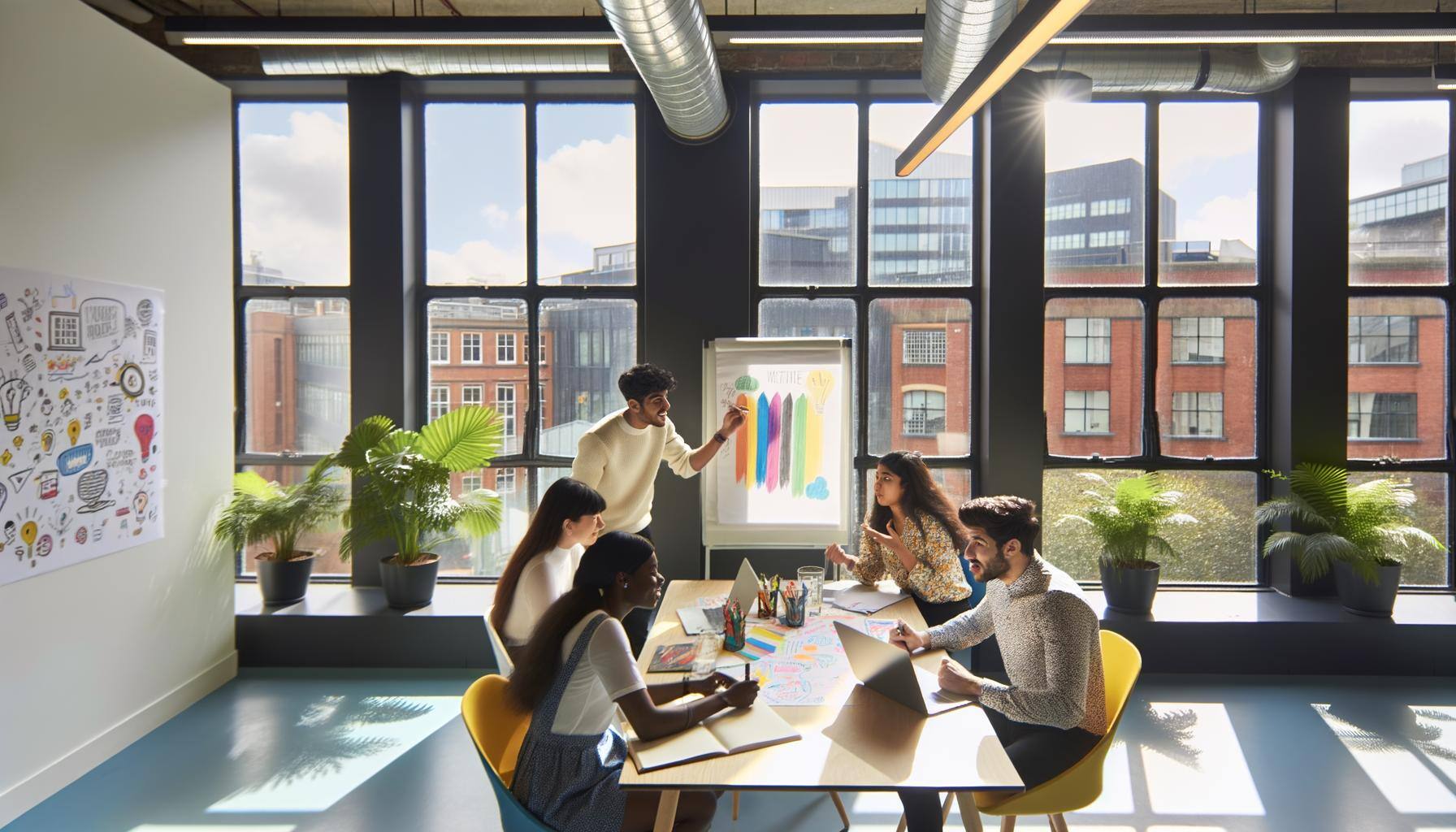 This image portrays a bright, contemporary office space, awash with natural light. The scene is dominated by a group of youthful professionals of diff